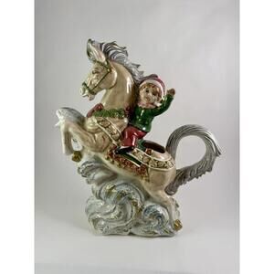 VIntage Omnibus Fitz and floyd Christmas Water Pitcher Jug Elf Horse Christmas